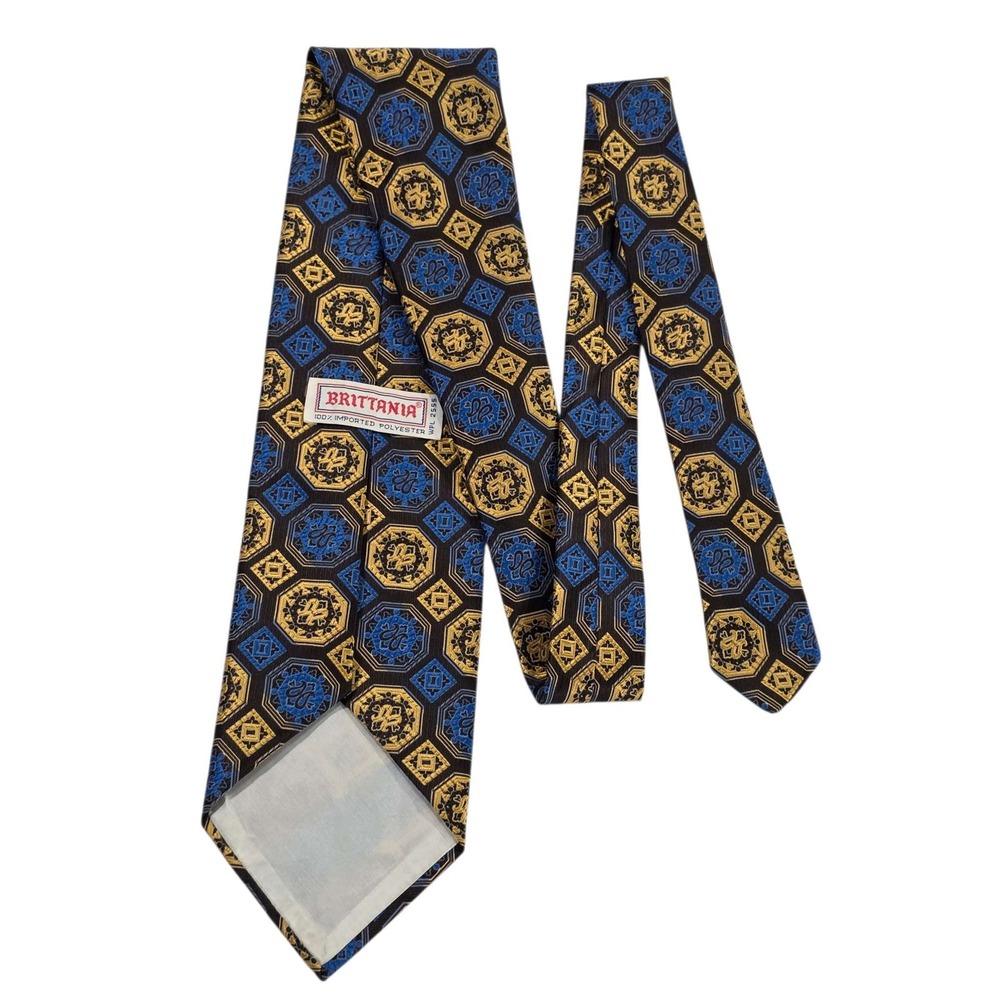 Vintage BRITTANIA Men's Silk Blend Geometric Pattern Necktie Blue Gold‎ Retro